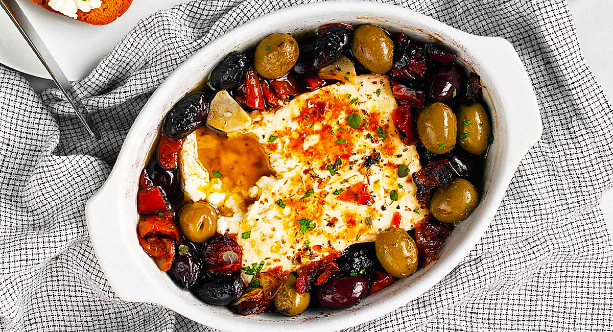 Baked Feta with Olives Recipe - Half The Guilt